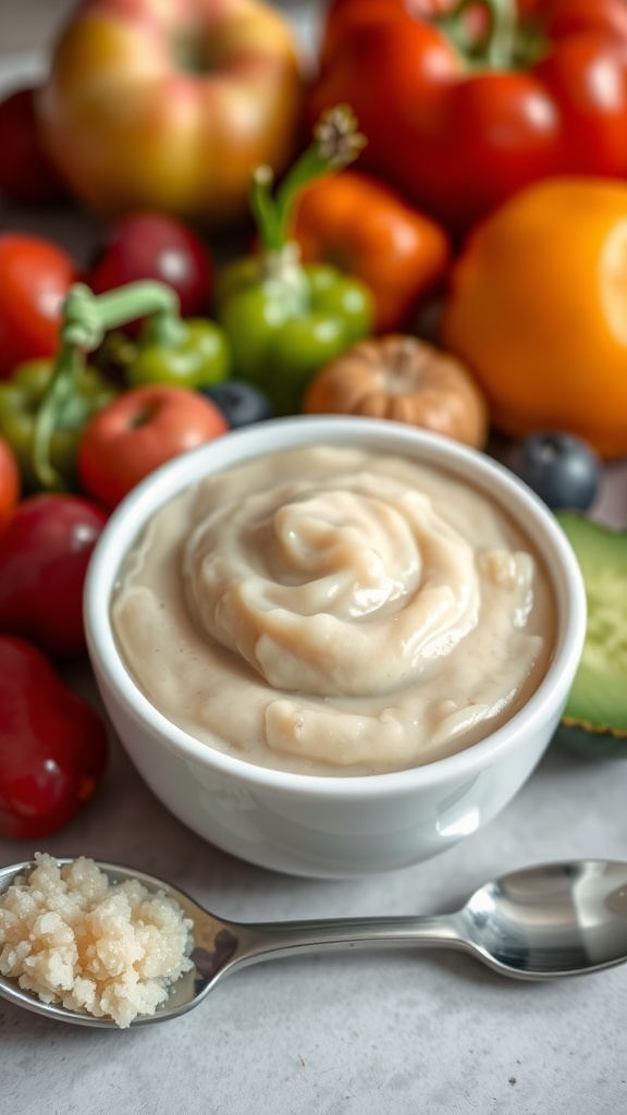A bowl of quinoa puree for babies, surrounded by colorful fruits and vegetables in a cozy kitchen.